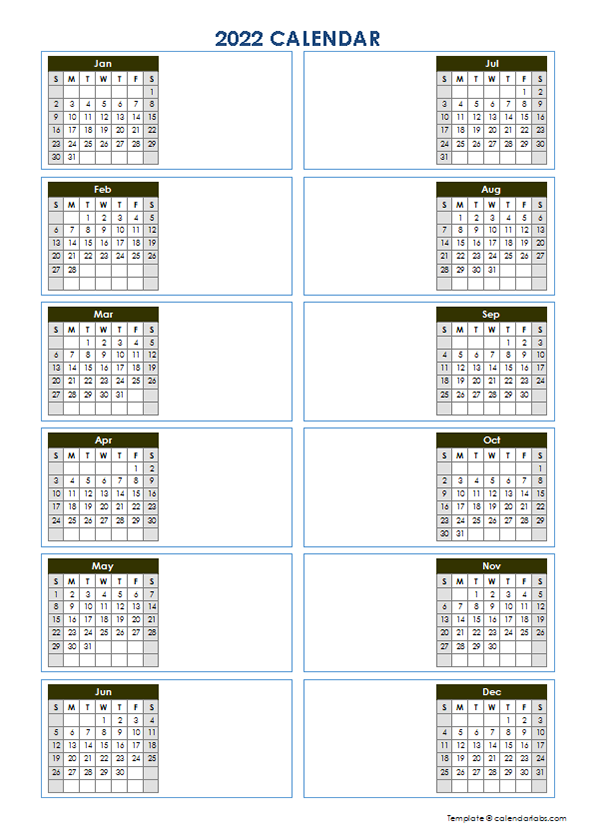 2022 Blank Yearly Calendar Template Vertical Design