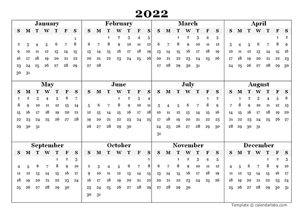 2022 Blank Yearly Calendar Template
