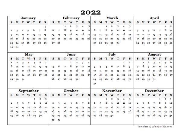 2022 Blank Yearly Word Calendar Template