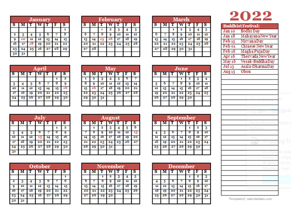2022 Buddhist Festivals Calendar Template