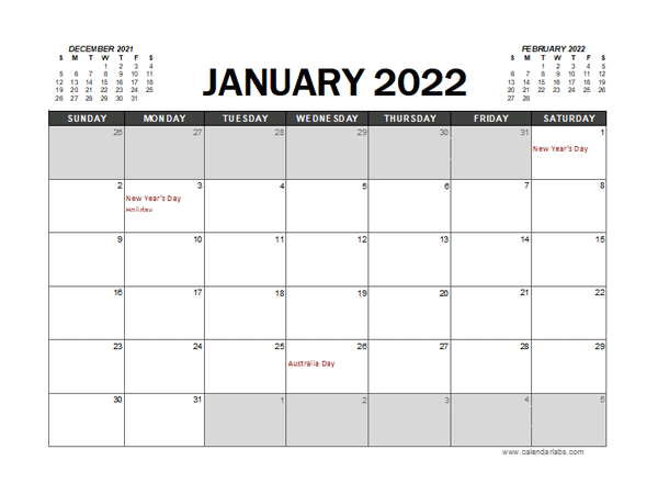 2022 Calendar Planner Australia Excel