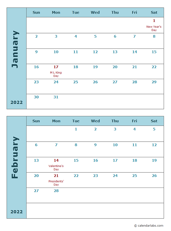 2022 Calendar Template Two Months Per Page