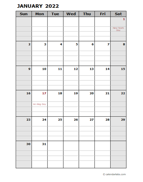 Free Printable Daily Calendar 2022