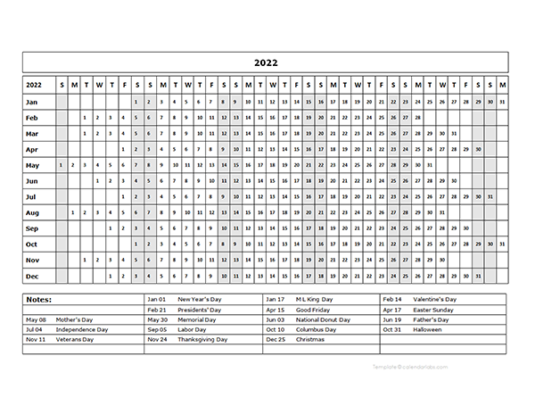 2022 Calendar Template Year At A Glance - Free Printable Templates