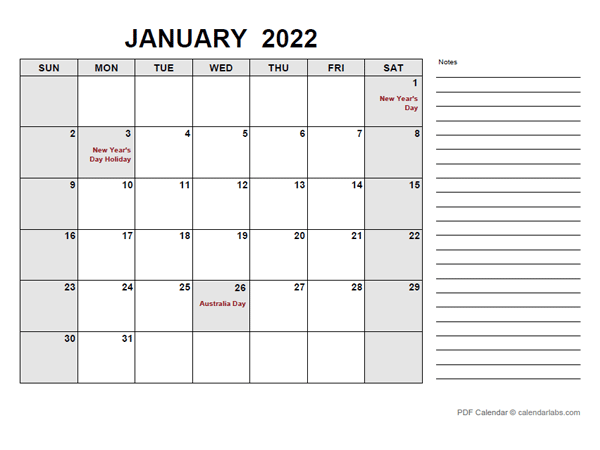 2022 Calendar with Australia Holidays PDF