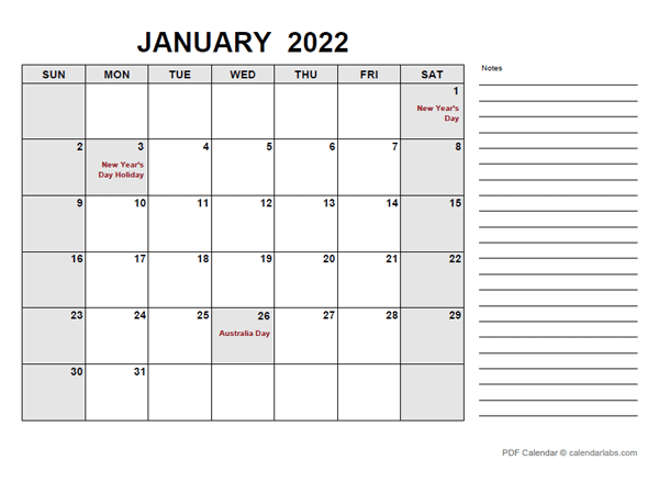 2022 Calendar With Australia Holidays Pdf Free Printable Templates