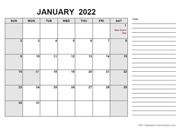 2022 Calendar with Canada Holidays PDF