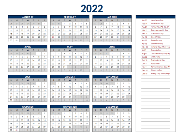 2022 Canada Annual Calendar with Holidays