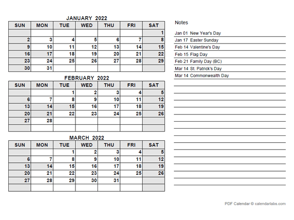 2022 Canada Quarterly Calendar with Holidays