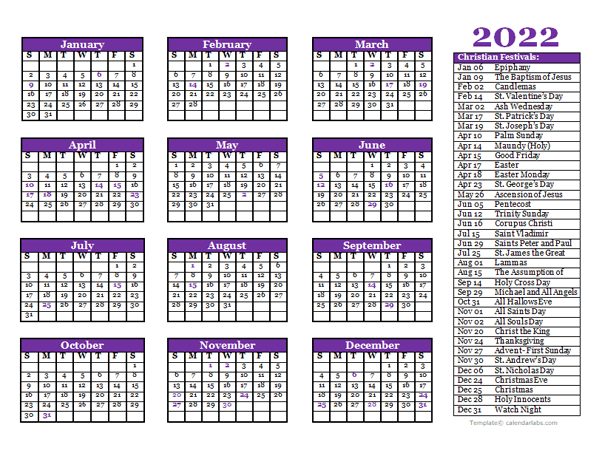 2022 Christian Festivals Calendar Template