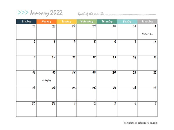 2022 Monthly Word Calendar In Colorful Design