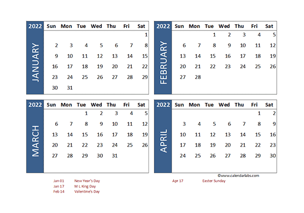 2022 Excel 4 Month Calendar Template Free Printable Templates