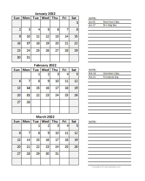 Free 2022 Quarterly Calendar Spreadsheet