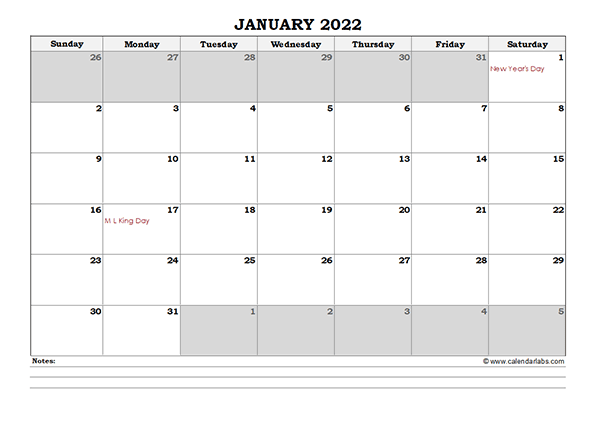 2022 Excel Monthly Calendar with Notes