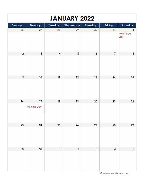2022 Excel Monthly Calendar Template