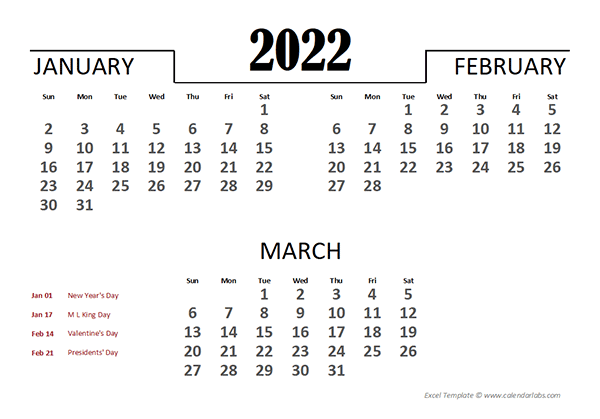 2022 Excel Quarterly Calendar Template