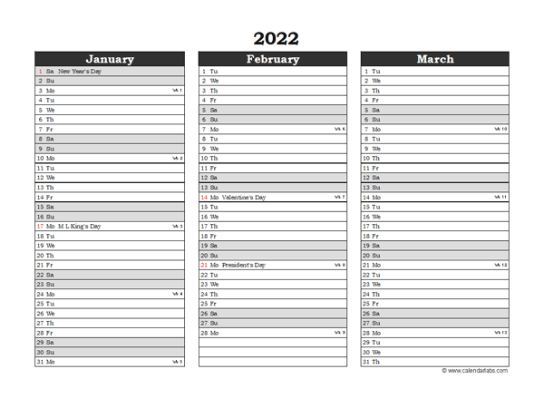 Editable 2022 Excel Three Month Calendar
