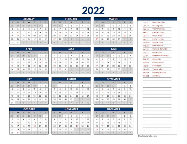 2022 Excel Yearly Calendar Free Printable Templates