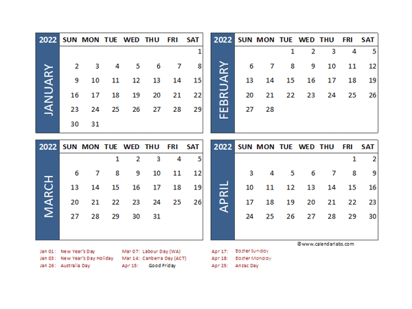 2022 Four Month Calendar with Australia Holidays