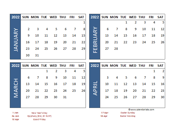 2022 Four Month Calendar with Germany Holidays