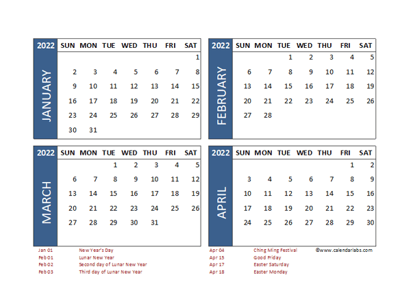 2022 Four Month Calendar With Hong Kong Holidays Free Printable Templates