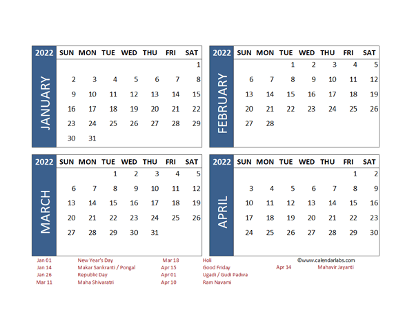 2022 Four Month Calendar with India Holidays