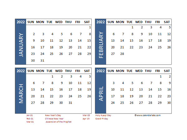 2022 Four Month Calendar with Indonesia Holidays