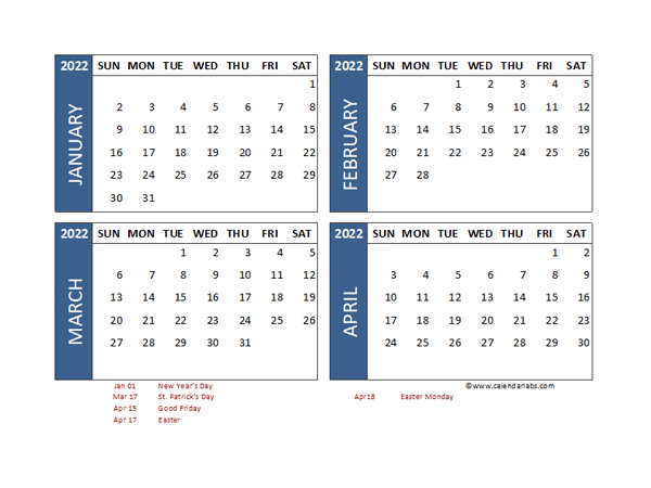 2022 Four Month Calendar with Ireland Holidays