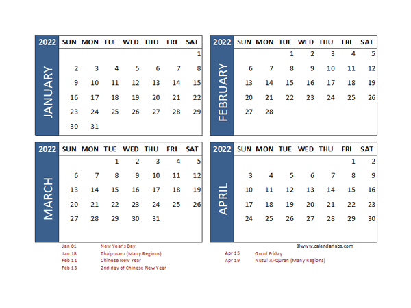 2022 Four Month Calendar with Malaysia Holidays
