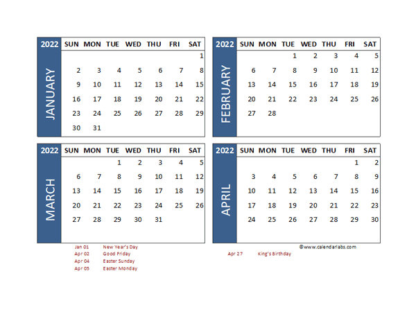 2022 Four Month Calendar with Netherlands Holidays
