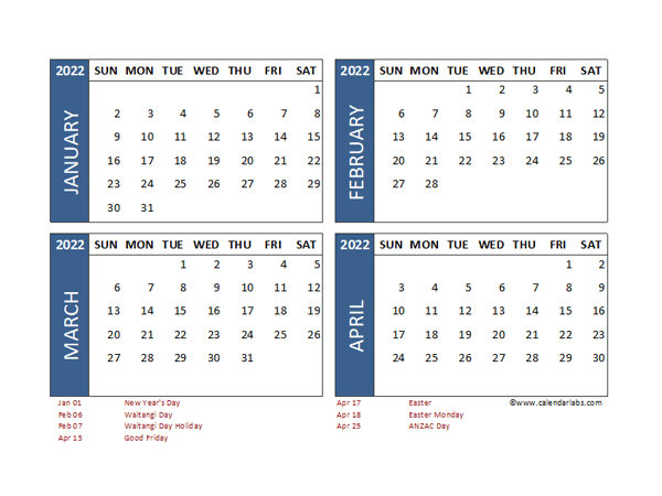 2022 Four Month Calendar with New Zealand Holidays