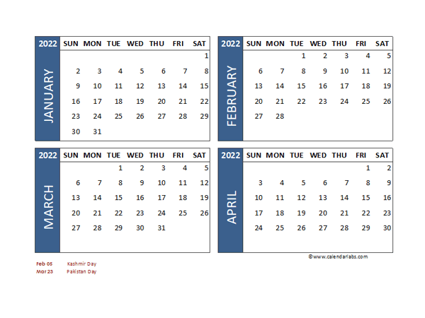 2022 Four Month Calendar with Pakistan Holidays - Free Printable Templates