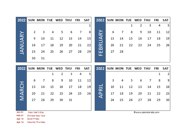 2022 Four Month Calendar with Philippines Holidays