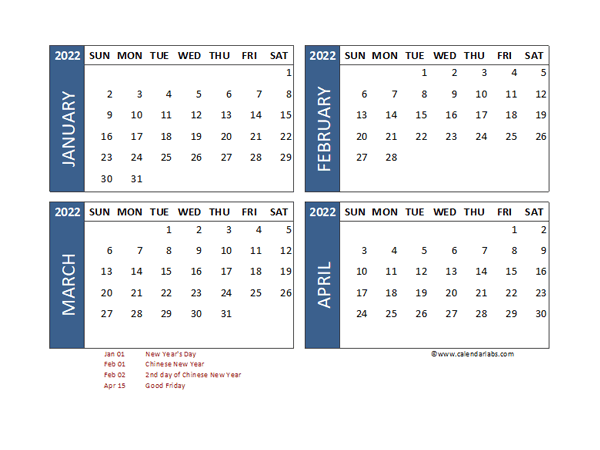 2022 Four Month Calendar with Singapore Holidays