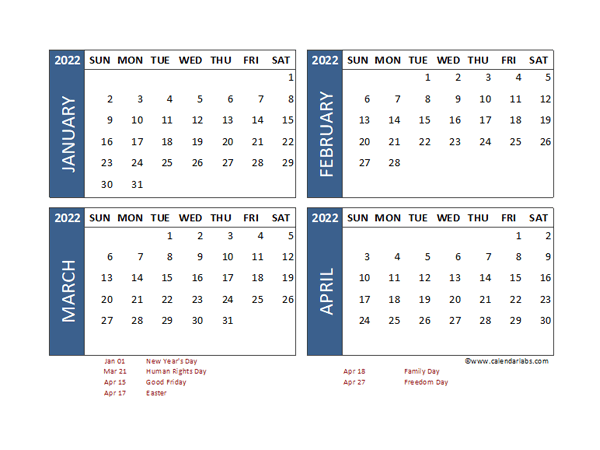 2022 Four Month Calendar with South Africa Holidays