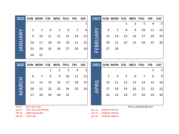 2022 Four Month Calendar with Thailand Holidays