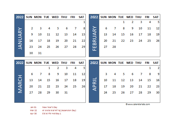 2022 Four Month Calendar with UAE Holidays