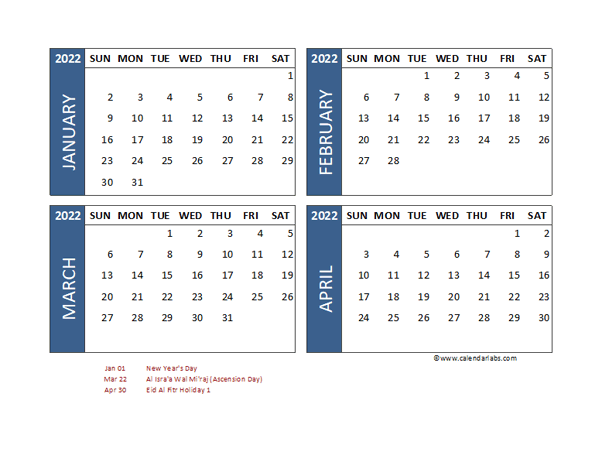 2022 Four Month Calendar With Uae Holidays Free Printable Templates