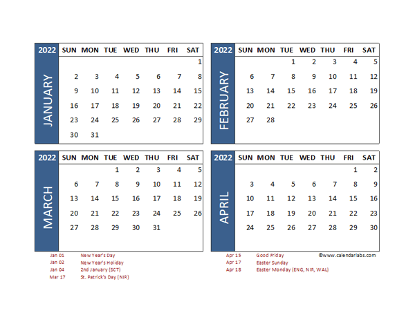 2022 Four Month Calendar with UK Holidays