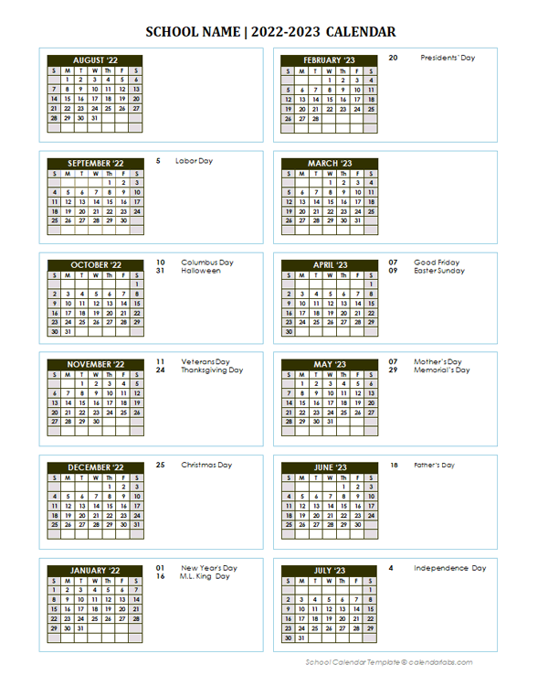 2022 Free School Yearly Calendar Aug