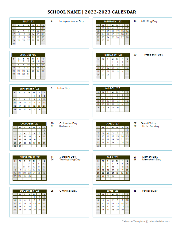 2022 Free School Yearly Calendar Jul