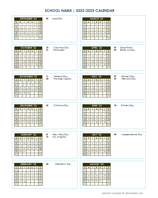 2022 Free School Yearly Calendar Sep