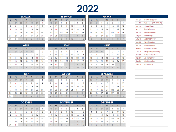 2022 Germany Annual Calendar with Holidays - Free Printable Templates