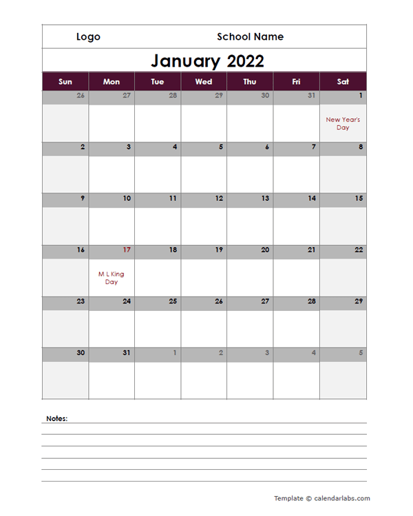 2022 Google Docs School Calendar Notes