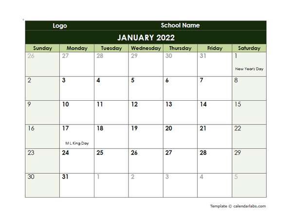 2022 Google Docs School Monthly Calendar