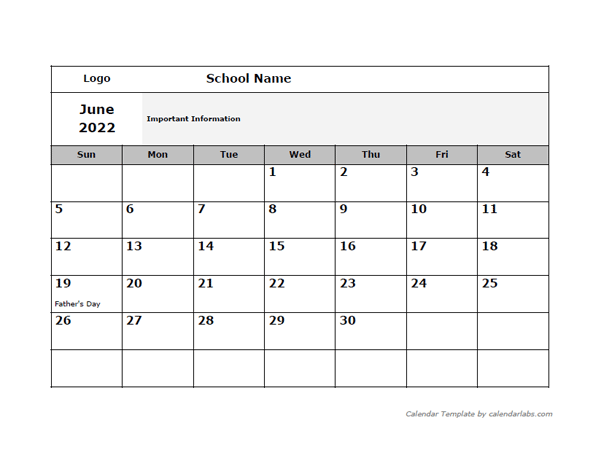 2022 Google Docs School Monthly Jun Calendar