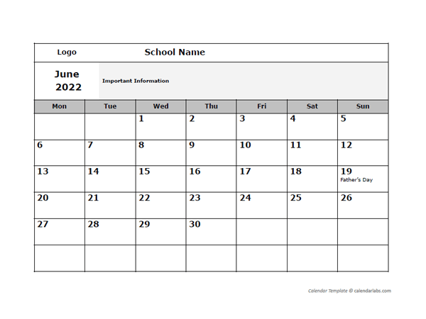 2022 Google Docs School Monthly Jun Mon Calendar