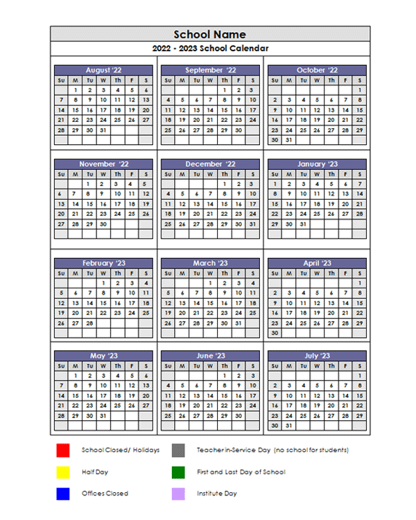 2022 Google Docs School Vertical Yearly Calendar