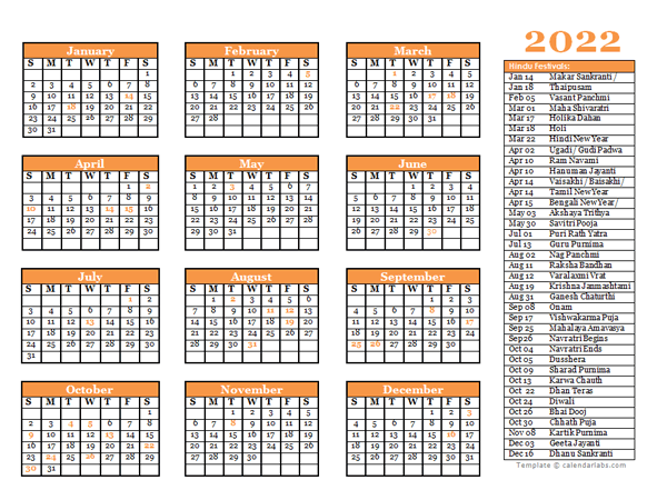 2022 Hindu Festivals Calendar Template