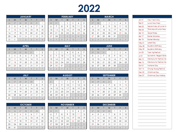 2022 Hong Kong Annual Calendar with Holidays